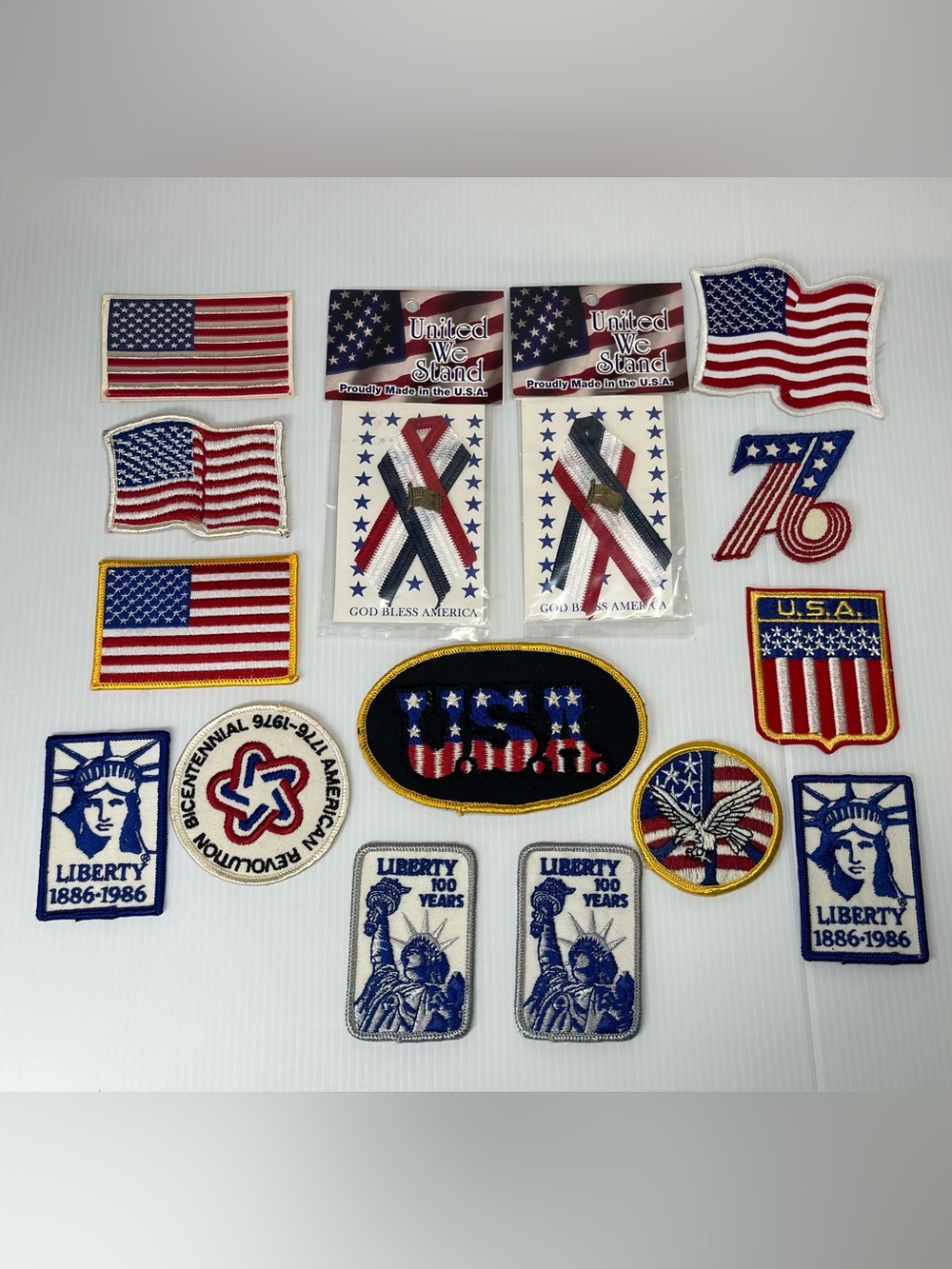Patriotic USA Flag & Ribbon Patch Lady Liberty Bicentennial Lot - Red White Blue